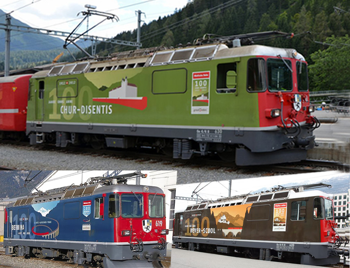 Jubilumslokomotiven der RhB - Ge 4/4 II - 100 Jahre Chur-Disentis, grn - 100 Jahre Bernina, blau - 100 Jahre Bever Scoul, braun 