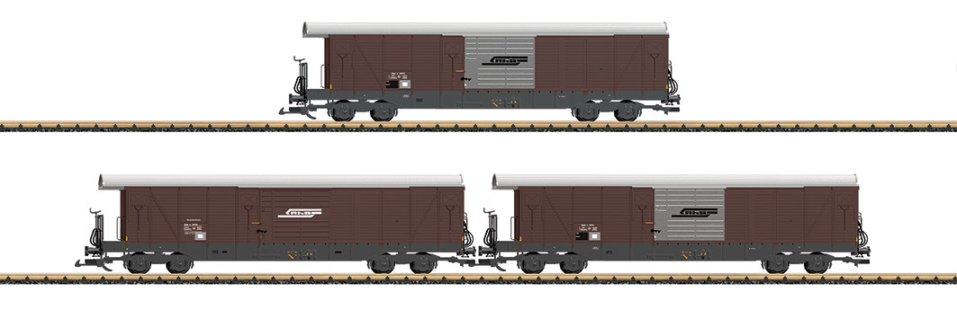 RhB Gterwagenset, 4 achsiger Grossraum-Gterwagen des Typs Gak-v der RhB - 3-er Set - LGB Neuheit 2014 Nr. 40080 L 