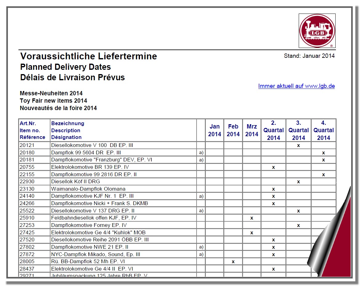 Lieferliste LGB Neuheiten - Vorraussichtliche Lieferterminliste Januar 2014