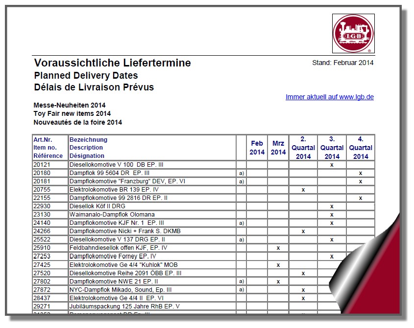 Lieferliste LGB Neuheiten - Vorraussichtliche Lieferterminliste Februar 2014