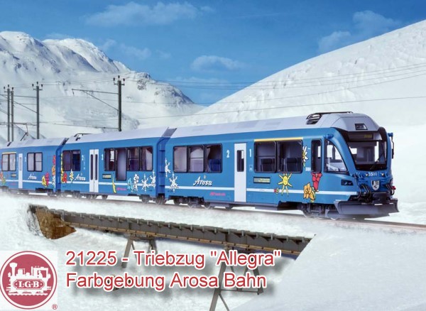 Dreiteiliger elektrischer Triebzug ABe 8/12 der RhB (Rhtische Bahn). Modell in Ausfhrung der blauen Fahrzeuge der Arosa-Bahn. Das Modell ist voll ausgestattet, ausgerstet mit zwei zugkrftigen Bhler-Motoren, einem mfx/DCC-Sounddecoder mit vielen Licht- und Soundfunktionen sowie Spitzenlicht mit schaltbarem Fernlicht, Fahrpultbeleuchtung, Fhrerstandsinnenbeleuchtung und vielem mehr. Pantographen auf den Endwagen ferngesteuert heb- und senkbar. Alle Wagen sind mit Metallradstzen, der Mittelwagen ist mit Kugellagerradstzen ausgerstet. Alle Tren zum ffnen. Viele angesetzte Details wie Leitungen, Steckdosen, Scheibenwischer, Antennen und Rckspiegel. Federpuffer und kompletter Schienenrumer, das mittlere Teil des Schienenrumers kann gegen eine beiliegende LGB Systemkupplung getauscht werden. Lnge ber Puffer 206 cm.