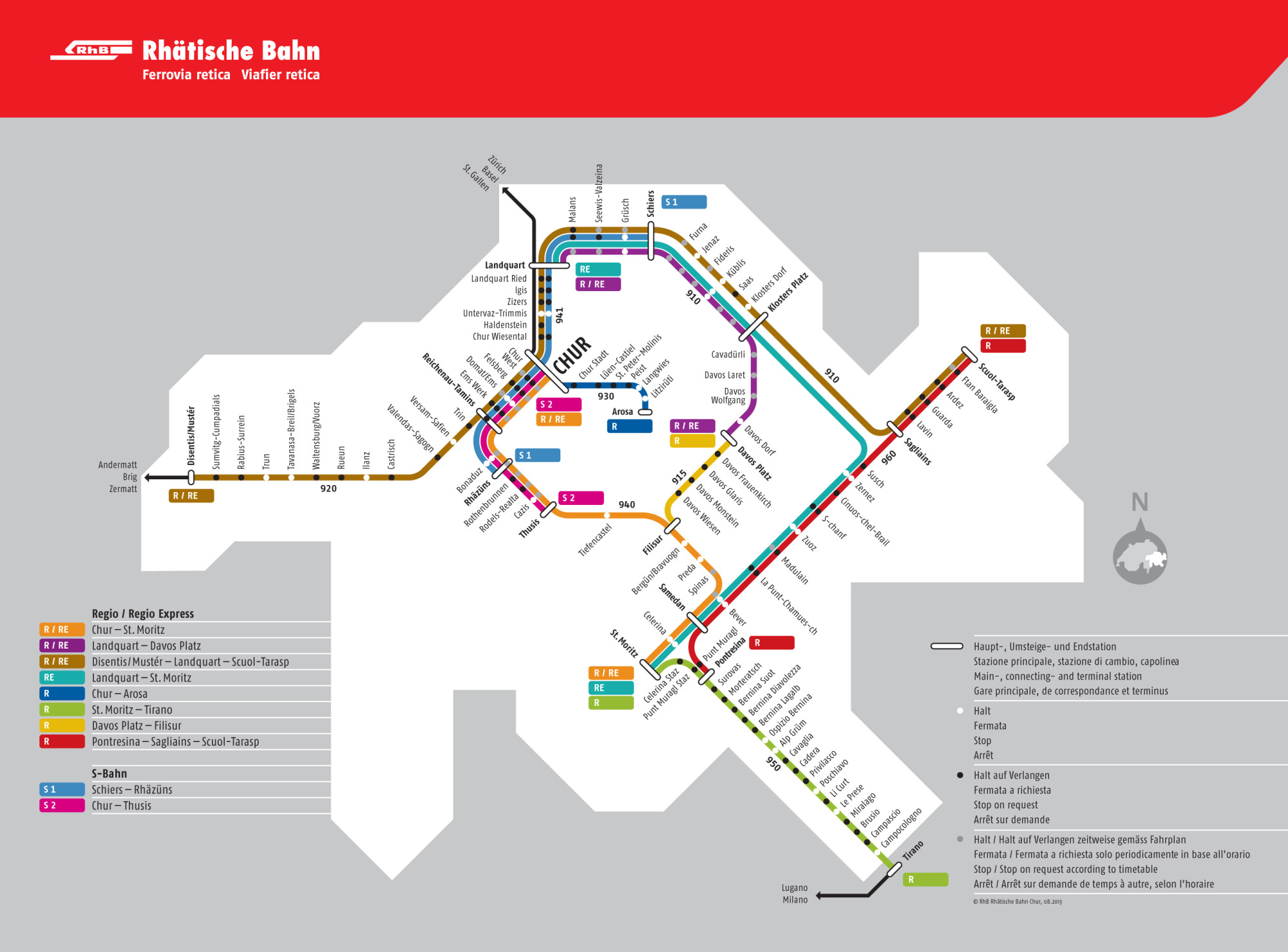 Zur Veranschaulichung habe ich mal bei der RhB einen Streckenplan "geborgt" und hier angezeigt. St Moritz ist halt einfach ein "Kopfbahnhof".An der Via Serlas in St. Moritz enden die Gleise und es muss umgesetzt werden. Also fhrt dieser Regio Express der Vereina Linie nicht von Chur ber Filisur nach St. Moritz. Sondern von Chur ber Landquart - Schiers - Kloster-Platz, Sagliains nach Scoul-Tarap, genau gegenber von St. Moritz. Schade auch, dass zwei Haltestellen nicht angesagt werden: Zwischen Schiers und Kblis hlt der Vereina Regio-Express auch in Jenarz planmig. Zwischen Kblis  und Klosters-Platz macht der Zug auch noch halt in Klosters-Dorf. Perfekt wre dies fr den "Pendelzug" schon.