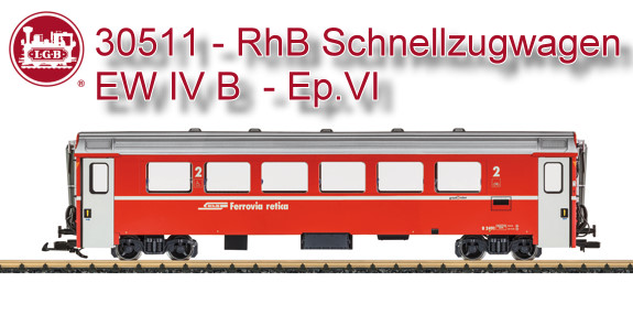 Modell eines Schnellzugwagens der Bauart EW IV der RhB in der aktuellen Ausfhrung eines modernisierten Wagens in der Epoche VI. Das Modell ist vorbildgetreu lackiert und beschriftet. Tren zum ffnen und Innenbeleuchtung serienmig. Metallradstze. Lnge ber Puffer 67 cm.