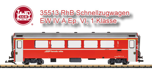 Modell eines Schnellzugwagens der Bauart EW IV der RhB in der aktuellen Ausfhrung eines modernisierten Wagens 1. Klasse in der Epoche VI. Das Modell ist vorbildgetreu lackiert und beschriftet. Tren zum ffnen und Innenbeleuchtung serienmssig. Metallradstze. Lnge ber Puffer 67 cm.