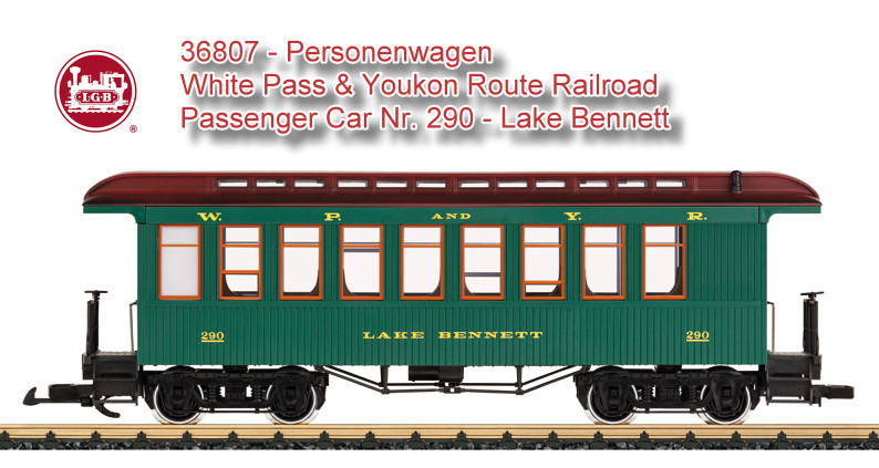 Modell eines typischen amerikanischen Oldtimer-Personenwagens in der Ausfhrung der White Pass & Yukon Railroad, wie er heute noch in Museumszgen eingesetzt wird. Das Modell ist originalgetreu lackiert und beschriftet. Tren zum ffnen, vollstndige Inneneinrichtung. Metallradstze. Lnge 49 cm.