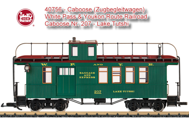 Modell eines typischen amerikanischen Zug - Begleitwagens (Caboose) in der Ausfhrung der White Pass & Yukon Railroad, wie er heute noch in Museumszgen eingesetzt wird. Das Modell ist originalgetreu lackiert und beschriftet. Tren zum ffnen, vollstndige Inneneinrichtung. Innenbeleuchtung und angesetzte Schlusslichter. Metallradstze, zwei davon mit Kugellagern zur flackerfreien Stromabnahme. Lnge 49 cm.