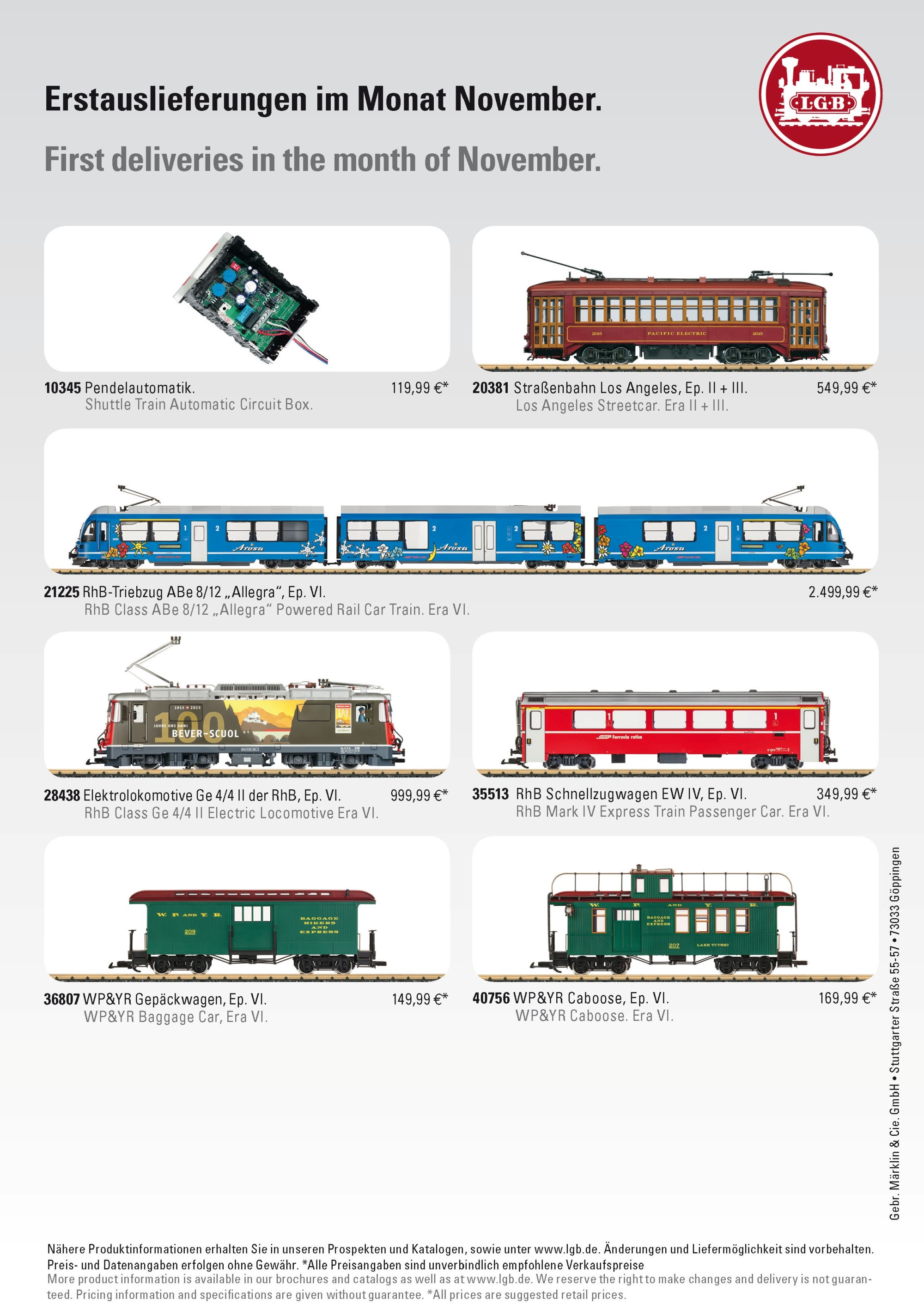 Informationsblatt fr die Erstauslieferung von 6 LGB Modellen im Fahrzeugbereich und 1 x die Pendelautomatik fr den Analogbereich. 