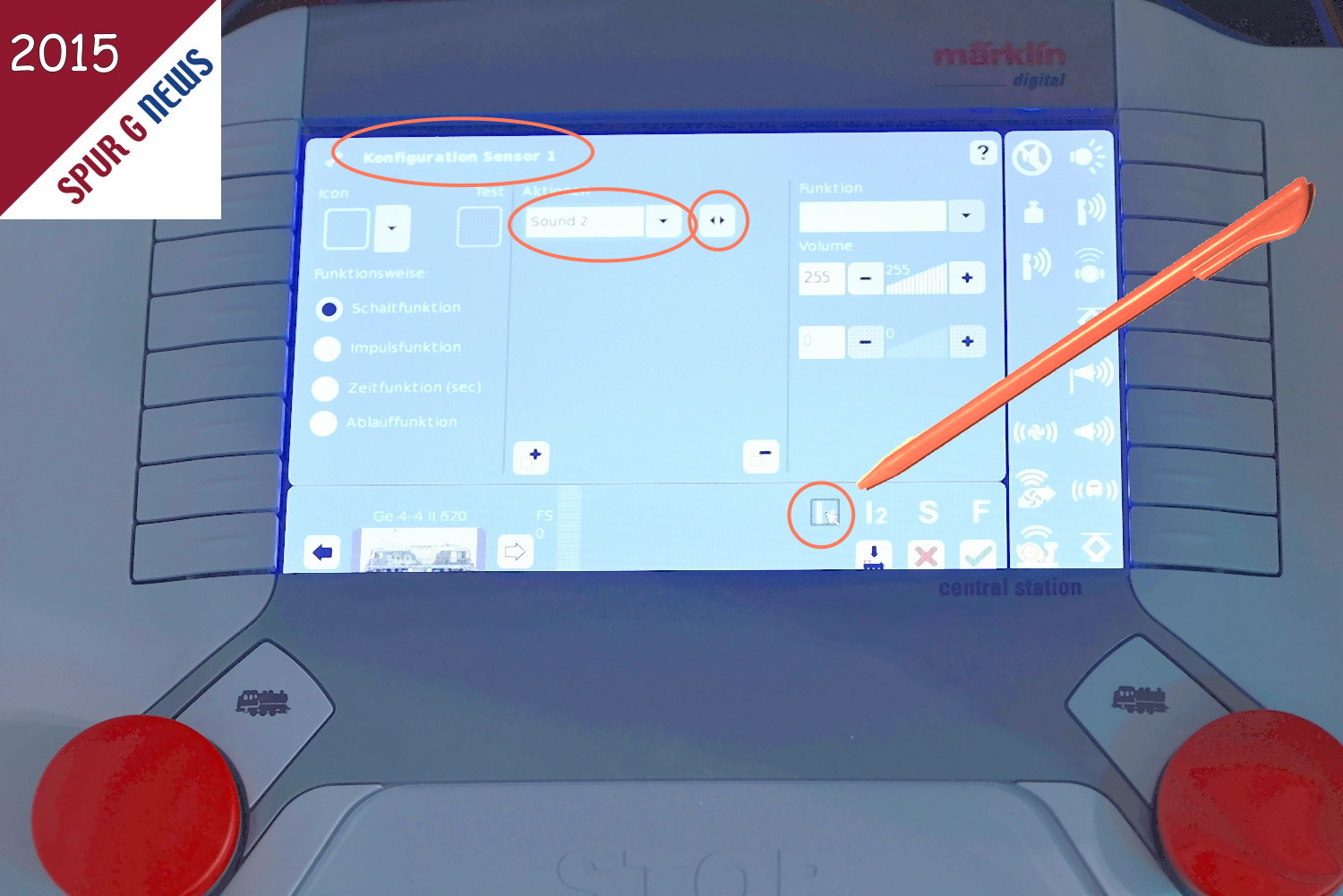 Nun erschienen auf dem CS2 Bildschirm die lang ersehnten Meldungen: "Konfiguration Sensor 1" - "Sound 7" und zwei Pfeile nach links und rechts. Bei der CS2-Stiftpitze erschienen dann noch die Symbole I1, I2, S und F. (von oben nach unten eingekreist).