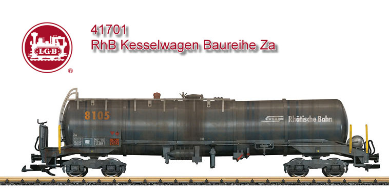 LGB Art. Nr. 41701 - Modell eines Kesselwagens der Bauart Za der RhB. Originalgetreue Farbgebung und Beschriftung entsprechend der Epoche VI. Der Wagen kann wie beim Vorbild befllt und entleert werden. Metallradstze, Federpuffer. Betriebsgerecht gealtert. Lnge ber Puffer 62 cm.