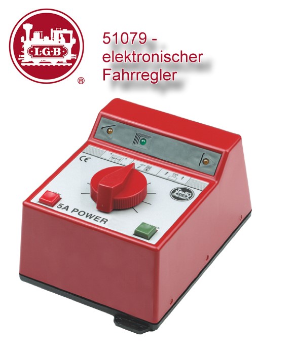 Dieser neue elektronische Fahrregler fr den Analogbetrieb bietet modernste Technik mit hohem Fahrstrom und modernen Features fr Ihre analog betriebene LGB Anlage: max. 5 A Fahrstrom, zur Verwendung mit jedem LGB Trafo (Gleich- oder Wechselstrom) geeignet (empfohlen fr das 100 Watt-Schaltnetzteil 51095. Sehr feinfhliges Regeln und geglttete Gleichspannung. Natrlich umbaubar fr Funkfernsteuerung (mit LGB 55050/55055). Einstellbarer Regelbereich: +/- 135 mit Nullstellung in der Mitte / Booster-Taste mit programmierbarer Beschleunigung, Stop/Halt-Taste. LED-Anzeigen fr Stopp, berlast, Betriebsbereit und Fahrtrichtung. Anschlsse fr Kabel mit bis zu 1,5 mm2 Querschnitt, Sicherung gegen Kurzschlsse. Ausgang: 0-24 V-Gleichspannung. Fahrstrom: max. 5 A. Abmessungen 160 x 120 x 95 mm. Ersetzt Artikel 51070.