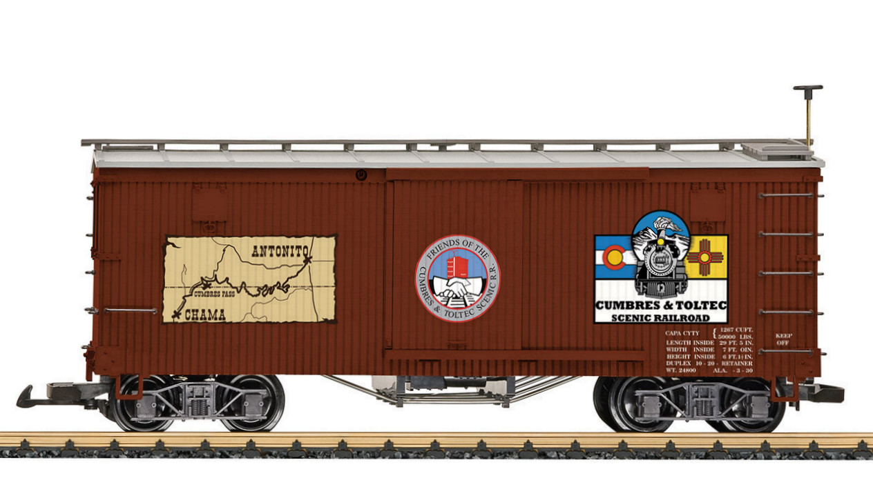 L40671 - Cumbers & Toltec Rail Road Box Car , Modell eines gedeckten Gterwagens (Box Car) der Cumbres & Toltec Railroad. Gestaltung mit Logo und Karte der Touristenbahn im Sdwesten der USA.