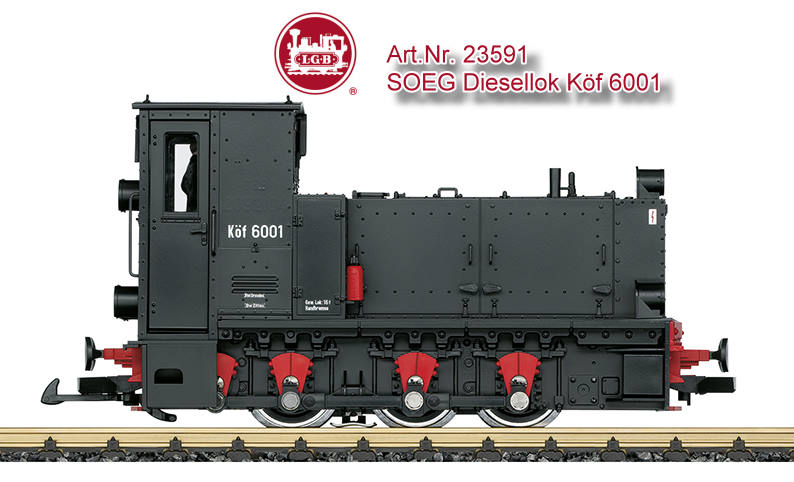 LGB Art.Nr. 23591 - Modell der Dieselok Kf 6001 der SOEG im Einsatz auf der Zittauer Schmalspurbahn. Originalgetreue Farbgebung und Beschriftung der Epoche VI. Alle Radstze mit einem leistungsstarken Bhler-Motor angetrieben, Haftreifen. Ausgerstet mit einem mfx/DCC-Sounddecoder mit vielen Licht- und Soundfunktionen. Fhrerstandstren zum ffnen. Lnge ber Puffer 29 cm.