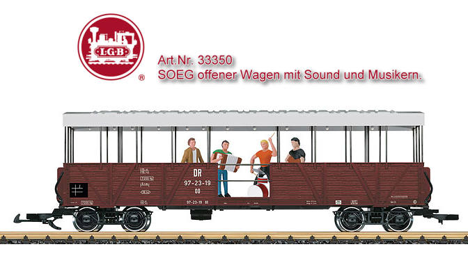 Modell eines offenen Wagens der SOEG mit einer Band, wie er beim Vorbild in Sachsen zum Einsatz kommt. Originalgetreue Farbgebung und Beschriftung der Epoche VI. Der Wagen verfgt ber einen eingebauten mfx/DCC-Decoder, mit dem im Digitalbetrieb verschiedene Licht- und Soundfunktionen geschaltet werden knnen. Eine Micro-SD-Karte mit verschiedenen Musikstcken und Geruschen ist eingebaut. Das Abspielen der Musik und der Gerusche ist ber die Funktionstasten mglich, die Lautstrke kann ebenso verndert werden. Musik und Gerusche knnen nach eigener Vorstellung ergnzt oder ausgetauscht werden, dazu muss die Micro-SD-Karte entnommen werden. Ein Konvertierungsprogramm ist bereits auf der Micro-SD-Karte gespeichert. Kartenlesegert nicht im Lieferumfang enthalten. Gebrauchsanleitung beachten. Die Musikergruppe ist fest eingebaut. Metallradstze. Lnge 49 cm.