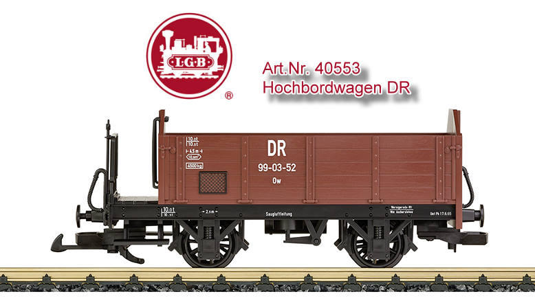 LGB Art.Nr. 40553 - Modell eines Hochbordwagens, wie er auf vielen Schmalspurstrecken der DR im Einsatz war. Originalgetreue Farbgebung und Beschriftung in der Epoche III. Lnge ber Puffer 25 cm.