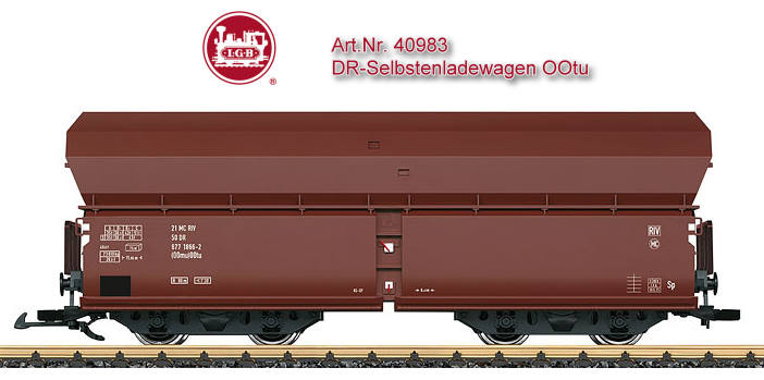 ARt. Nr. 40983 - LGB - Modell eines Selbstentladewagens der Bauart OOtu der Deutschen Reichsbahn (DR) fr den Einsatz, vor allem in Ganzzgen, im Massengutverkehr mit Kohle, Koks oder Erz. Originalgetreue Farbgebung und Beschriftung der Epoche IV. Metallradstze. Lnge ber Puffer 42 cm.