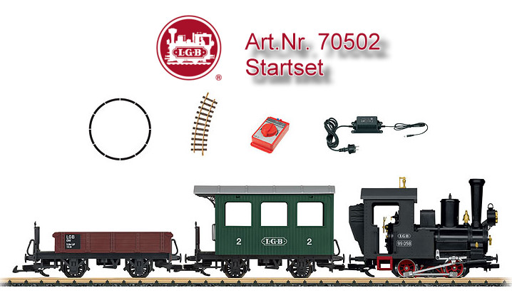 LGB Art. Nr. 70502 - Startset - Neuheit 2017 - Dieses Startset enthlt einen Oldtimerzug bestehend aus einer Tenderlok, einem Personenwagen und einem Niederbordwagen. Die Lok ist mit einem leistungsstarken Motor ausgerstet und verfgt ber ein beleuchtetes Spitzenlicht. Das Set enthlt zustzlich einen kompletten Gleiskreis, Stromversorgung und Fahrregler. Zuglnge 76 cm.