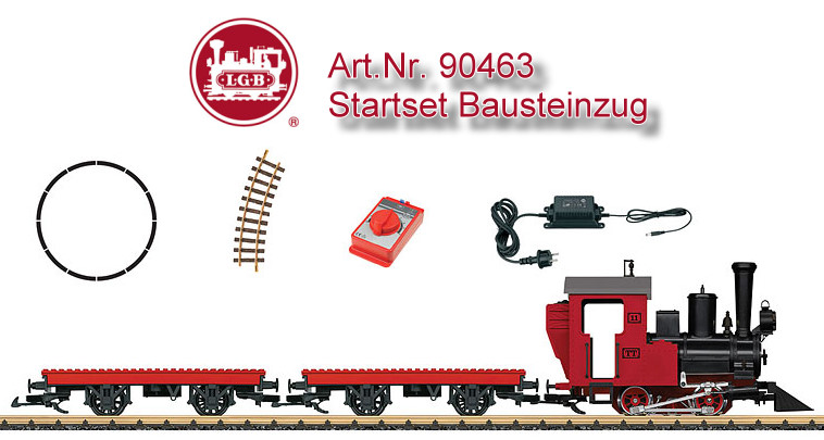 LGB Neuheit 2017 - Startset - Bausteinzug - Art. Nr. 90463 , Dieses Startset enthlt eine Dampflok, zwei Flachwagen mit einer Bausteinplatte und 30 Bausteine. Das Set enthlt auerdem einen kompletten Gleiskreis bestehend aus 12 gebogenen Gleisstcken, Fahrregler, Stromversorgung und Anschlusskabel. Zuglnge 77 cm.