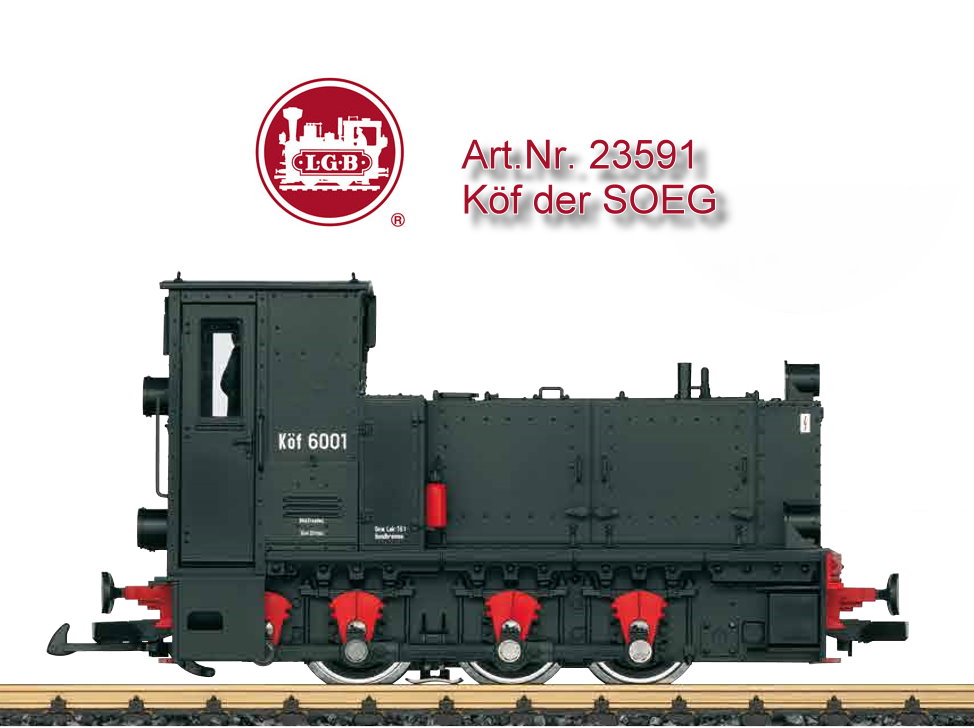 LGB Art.Nr. 23591 - Modell der Dieselok Kf 6001 der SOEG im Einsatz auf der Zittauer Schmalspurbahn. Originalgetreue Farbgebung und Beschriftung der Epoche VI. Alle Radstze mit einem leistungsstarken Bhler-Motor angetrieben, Haftreifen. Ausgerstet mit einem mfx/DCC-Sounddecoder mit vielen Licht- und Soundfunktionen. Fhrerstandstren zum ffnen. Lnge ber Puffer 29 cm.