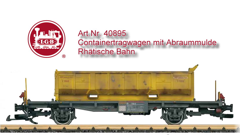 Art. Nr. 40895 - Modell eines zweiachsigen Tragwagens der RhB beladen mit einer abnehmbaren Abraummulde. Originalgetreue Farbgebung und Lackierung der Epoche VI. Die Mulde ist betriebsgerecht gealtert. Metallradstze. Lnge ber Puffer 41 cm.