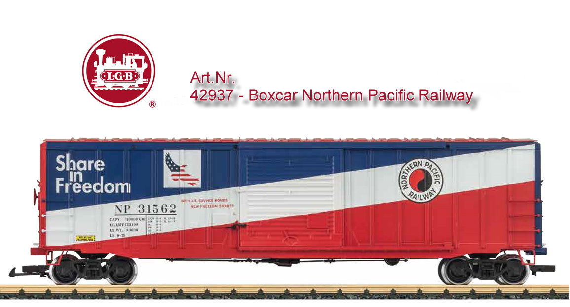 Art. Nr. 42927 - Modell eines gedeckten Gterwagens der NP (Northern Pacific Railway). Originalgetreue Farbgebung und Beschriftung der Epoche V. Viele angesetzte Details, seitliche Schiebetren zum ffnen. Metallradstze. Lnge ber Kupplung 57 cm.