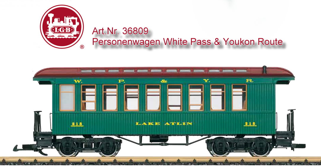 LGB Art. Nr. 42938 Modell eines typischen amerikanischen Oldtimer-Personenwagens in der Ausfhrung der White Pass & Yukon Railroad, wie er heute noch in Museumszgen eingesetzt wird. Das Modell ist originalgetreu lackiert und beschriftet. An einem Wagenende ist eine Schlusstafel angebracht, so wie der Wagen beim Original am Zugende luft. Tren zum ffnen, vollstndige Inneneinrichtung. Metallradstze. Lnge 49 cm