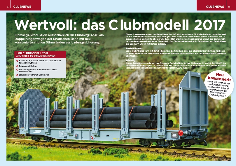 Art. Nr. 45923 - Modell eines Doppelrungenwagens der Bauart Sp-w der RhB. Originalgetreue Farbgebung und Beschriftung der Epoche VI. Neue, hohe Stirnwnde, die beim Vorbild der Ladungssicherung dienen. Ohne Bremserbhne, mit seitlich angebrachtem Handbremsrad. Beladen mit Rhren. Lnge ber Puffer 66 cm.