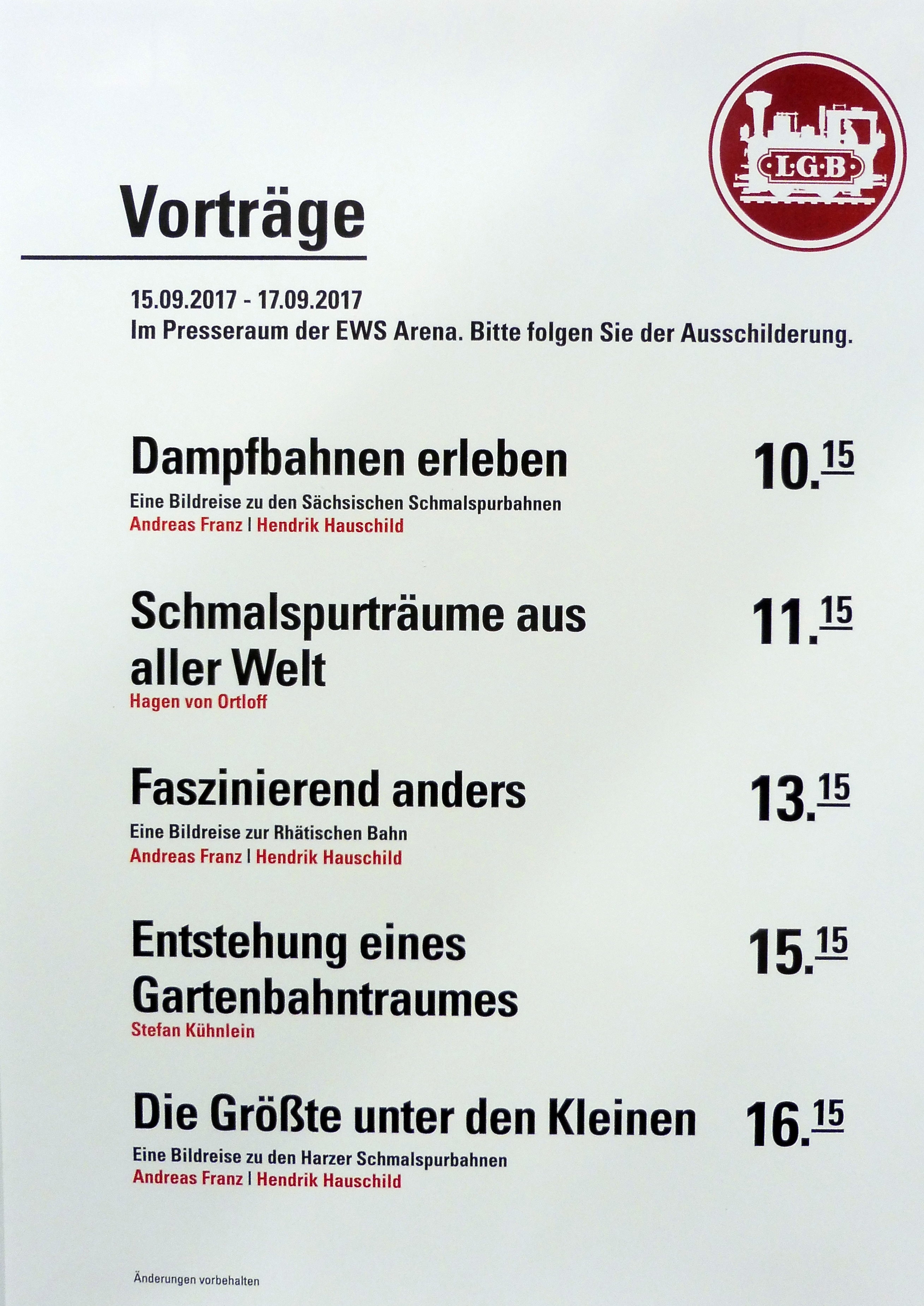 In der EWS Arena bietet LGB Vortrge von PROFIS fr die Modellbahnerinnen, Modellbahner und solche die es noch werden wollen an. Ob Vorbild oder Modellbahn diese Vortrge sind kostenfrei. Nur der Platz fr die Vortrge ist auf 40 Personen begrenzt. 