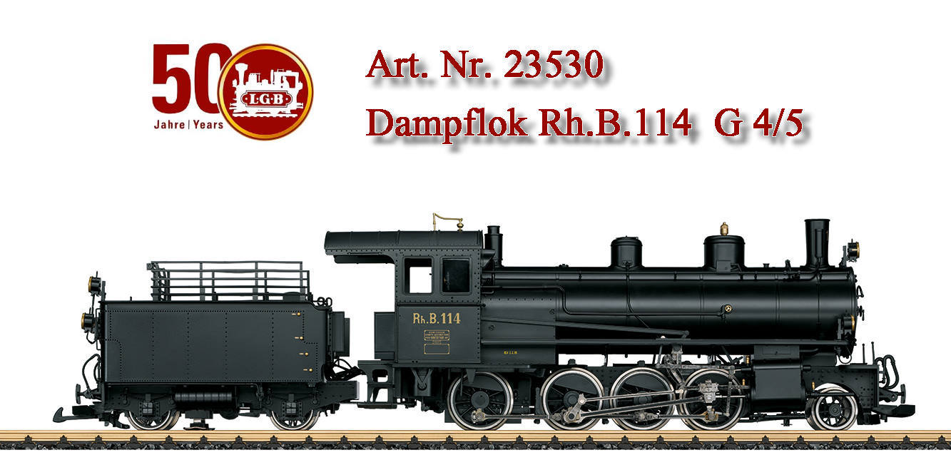 LGB ARt. Nr. 23530 - G 4/5 Dampflok der Rh.B. Nr. 114 Modell einer Schlepptender - Dampflok der Baureihe G 4/5 der RhB. Originalgetreue Farbgebung und Beschriftung im Auslieferzustand der Epoche I. Antrieb mit einem kugelgelagerten Bhler - Motor, Haftreifen. Ausgerstet mit einem mfx/DCC - Decoder mit vielen Licht- und Soundfunktionen wie Spitzenlicht mit schweizer Lichtwechsel, Feuerbchsbeleuchtung, Fhrerstandsbeleuchtung, Fahrgerusch, durch Reedschalter auslsbare Pfeife und vieles mehr. Eingebauter Rauchgenerator mit radsynchronem Dampfausstoss. Viele angesetzte Details. Lnge ber Puffer 62 cm.