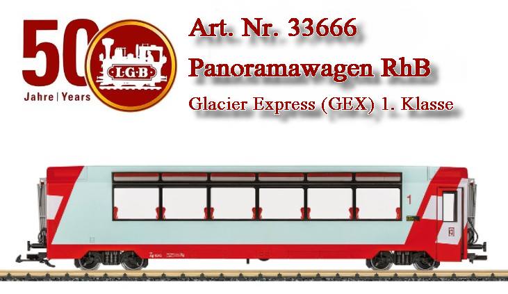 Art. Nr. 33666 - Panoramawagen RhB - GEX - Glacier Express 1. KlasseDer Glacier Express fhrt von St. Moritz bis Disentis auf den Strecken der RhB und wird von dort bis zum Endpunkt Zermatt von der MGB gefhrt. Beim LGB-Modell handelt es sich um die vorbildgerechte Nachbildung eines neuen Panoramawagens 1. Klasse im aktuellen Zustand der Epoche V. Das Modell verfgt ber eine Inneneinrichtung und Innenbeleuchtung. Lnge ber Puffer 68 cm.