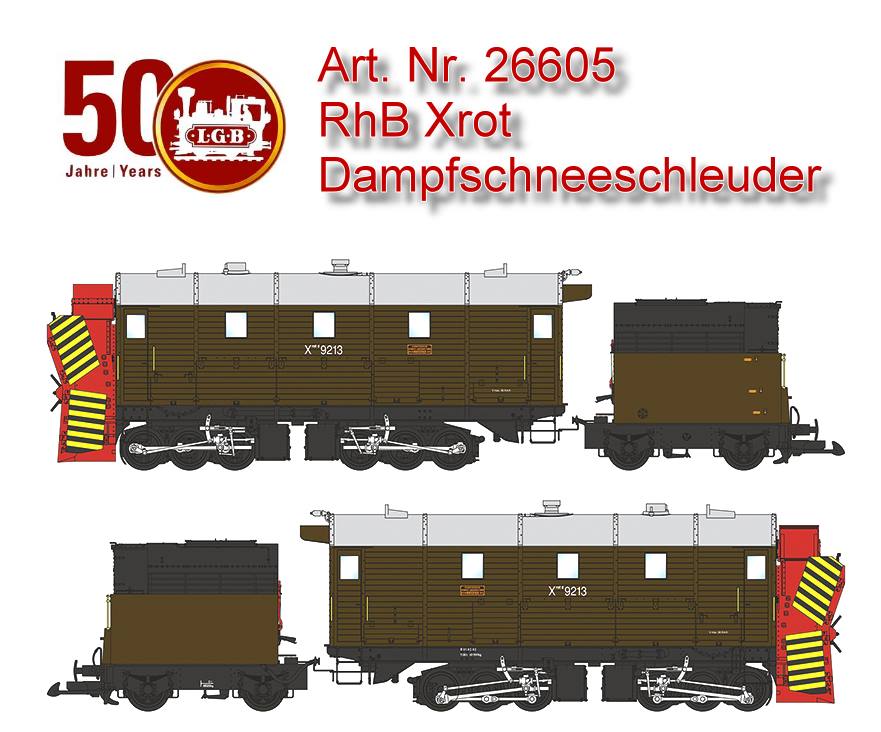 Spur G (Schmalspur) - Art.Nr. 26605 - RhB Dampfschneeschleuder Xrot. Modell der Dampfschneeschleuder Xrot 9213 der RhB. Feindetailliertes Modell in schwerer Metallbauweise mit vielen angesetzten Details. Angetrieben mit zwei Hochleistungsmotoren auf beide Drehgestelle. Tren zum Fhrerstand und Revisionsklappen fr das Schleudertriebwerk zum ffnen. Antrieb des Schleuderrades mit beweglichem Innentriebwerk durch einen separaten Motor. Manuell verstellbarer Auswurfschacht sowie manuell verstellbare Leitbleche am Schleuderrad. Originalgetreue Farbgebung und Beschriftung der Epoche VI, so wie die Schleuder heute noch als historisches Fahrzeug im Einsatz ist. Ausgerstet mit einem mfx/DCC-Decoder mit vielen Licht- und Soundfunktionen wie Spitzenlicht, Fhrerstandsbeleuchtung, Fahrgerusch, durch Reedschalter auslsbare Pfeife und vieles mehr. Eingebauter Rauchgenerator mit radsynchronem Dampfaussto sowie Zylinderdampf. Lnge ber Puffer 61 cm.