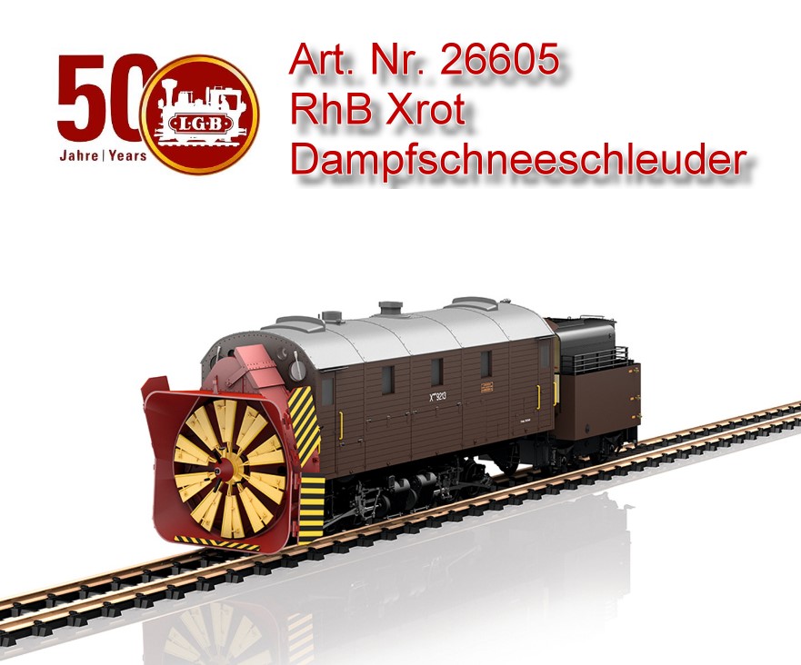 Spur G (Schmalspur) - Art.Nr. 26605 - RhB Dampfschneeschleuder Xrot. Modell der Dampfschneeschleuder Xrot 9213 der RhB. Feindetailliertes Modell in schwerer Metallbauweise mit vielen angesetzten Details. Angetrieben mit zwei Hochleistungsmotoren auf beide Drehgestelle. Tren zum Fhrerstand und Revisionsklappen fr das Schleudertriebwerk zum ffnen. Antrieb des Schleuderrades mit beweglichem Innentriebwerk durch einen separaten Motor. Manuell verstellbarer Auswurfschacht sowie manuell verstellbare Leitbleche am Schleuderrad. Originalgetreue Farbgebung und Beschriftung der Epoche VI, so wie die Schleuder heute noch als historisches Fahrzeug im Einsatz ist. Ausgerstet mit einem mfx/DCC-Decoder mit vielen Licht- und Soundfunktionen wie Spitzenlicht, Fhrerstandsbeleuchtung, Fahrgerusch, durch Reedschalter auslsbare Pfeife und vieles mehr. Eingebauter Rauchgenerator mit radsynchronem Dampfaussto sowie Zylinderdampf. Lnge ber Puffer 61 cm.