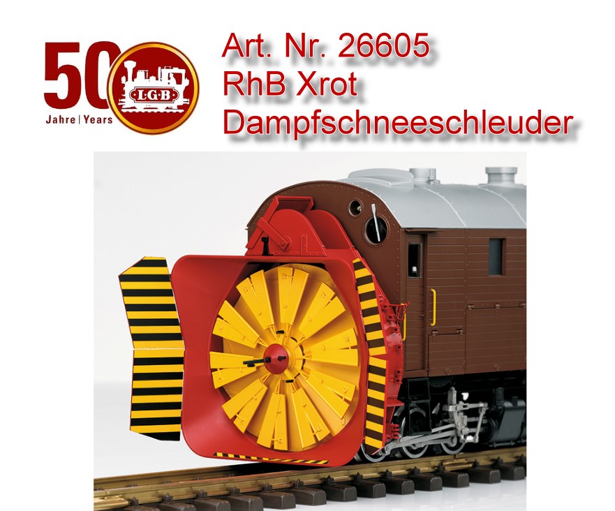 Spur G (Schmalspur) - Art.Nr. 26605 - RhB Dampfschneeschleuder Xrot. Modell der Dampfschneeschleuder Xrot 9213 der RhB. Feindetailliertes Modell in schwerer Metallbauweise mit vielen angesetzten Details. Angetrieben mit zwei Hochleistungsmotoren auf beide Drehgestelle. Tren zum Fhrerstand und Revisionsklappen fr das Schleudertriebwerk zum ffnen. Antrieb des Schleuderrades mit beweglichem Innentriebwerk durch einen separaten Motor. Manuell verstellbarer Auswurfschacht sowie manuell verstellbare Leitbleche am Schleuderrad. Originalgetreue Farbgebung und Beschriftung der Epoche VI, so wie die Schleuder heute noch als historisches Fahrzeug im Einsatz ist. Ausgerstet mit einem mfx/DCC-Decoder mit vielen Licht- und Soundfunktionen wie Spitzenlicht, Fhrerstandsbeleuchtung, Fahrgerusch, durch Reedschalter auslsbare Pfeife und vieles mehr. Eingebauter Rauchgenerator mit radsynchronem Dampfaussto sowie Zylinderdampf. Lnge ber Puffer 61 cm.