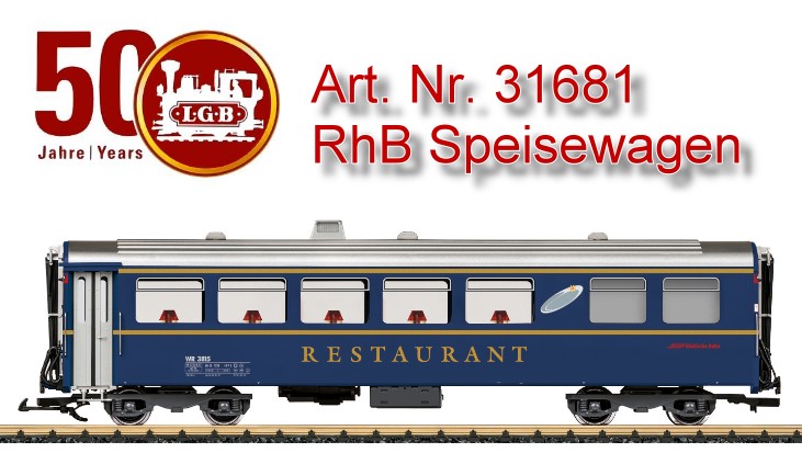 Spur G (Schmalspur) - Art.Nr. 31681 - RhB Speisewagen. Modell eines Speisewagens der RhB, wie er auch im Glacier - Express eingesetzt wird. Originalgetreue Farbgebung und Beschriftung der Epoche VI. Viele Details, Tren zum ffnen. Komplette fein detaillierte Inneneinrichtung. Innenbeleuchtung serienmig ab Werk eingebaut, Stromabnahme ber Kugellagerradstze. Lnge ber Puffer 62 cm.