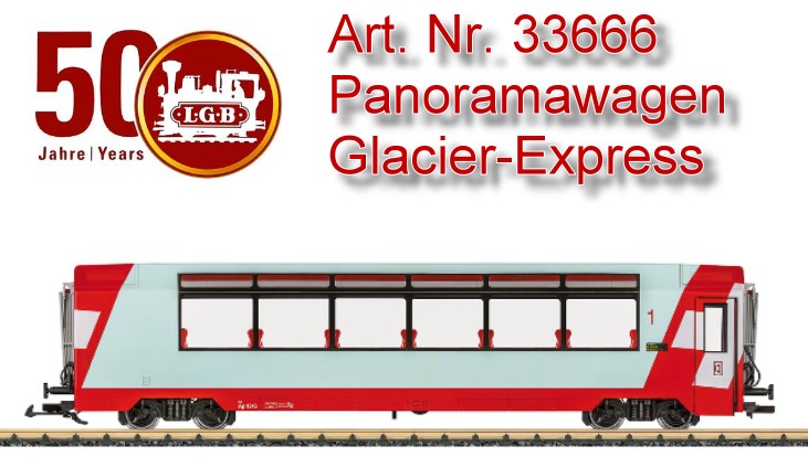 Spur G (Schmalspur) - Art.Nr. 33666 - Panoramawagen Glacier-Express - 1. Klasse. Der Glacier Express fhrt von St. Moritz bis Disentis auf den Strecken der RhB und wird von dort bis zum Endpunkt Zermatt von der MGB gefhrt. Beim LGB-Modell handelt es sich um die vorbildgerechte Nachbildung eines neuen Panoramawagens 1. Klasse im aktuellen Zustand der Epoche V. Das Modell verfgt ber eine Inneneinrichtung und Innenbeleuchtung. Lnge ber Puffer 68 cm.