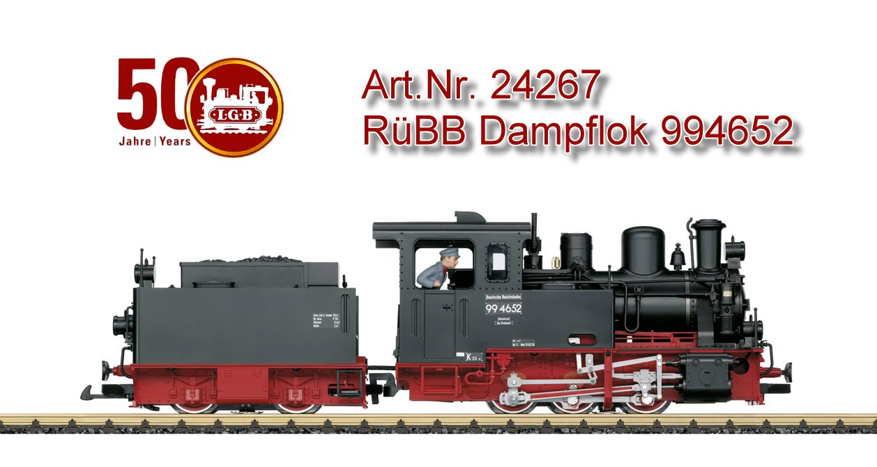 Modell der Schmalspur - Schlepptenderdampflok 99 4652 der Rgenschen Bderbahn (RBB) in der Ausfhrung wie die Lok heute im Einsatz ist. Originalgetreue Farbgebung und Beschriftung der Epoche VI. Jeweils ein leistungsstarker kugelgelagerter Bhler - Motor in Lok und Tender. Eingebauter mfx/DCC - Decoder mit vielen Licht- und Soundfunktionen. Eingebauter Rauchgenerator mit radsynchronem Dampfaussto. Fhrerstandstren zum ffnen. Haftreifen. Lnge ber Puffer 52 cm.