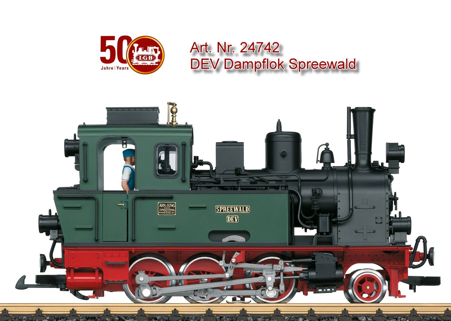 Modell der Dampflok "Spreewald" des DEV wie sie heute noch auf der Museumsbahn von Bruchhausen - Vilsen nach Asendorf im Einsatz ist. Originalgetreue Farbgebung und Beschriftung der Epoche VI. Ausgerstet mit einem leistungsstarken kugelgelagerten Bhler - Motor, Haftreifen. Eingebauter mfx/DCC - Decoder mit vielen Sound- und Lichtfunktionen, im Digitalbetrieb schaltbar, ebenso der eingebaute Dampfentwickler. Verpackt in exklusiver Holzkassette mit Booklet ber die Geschichte des Originals. Lnge ber Puffer 33 cm.