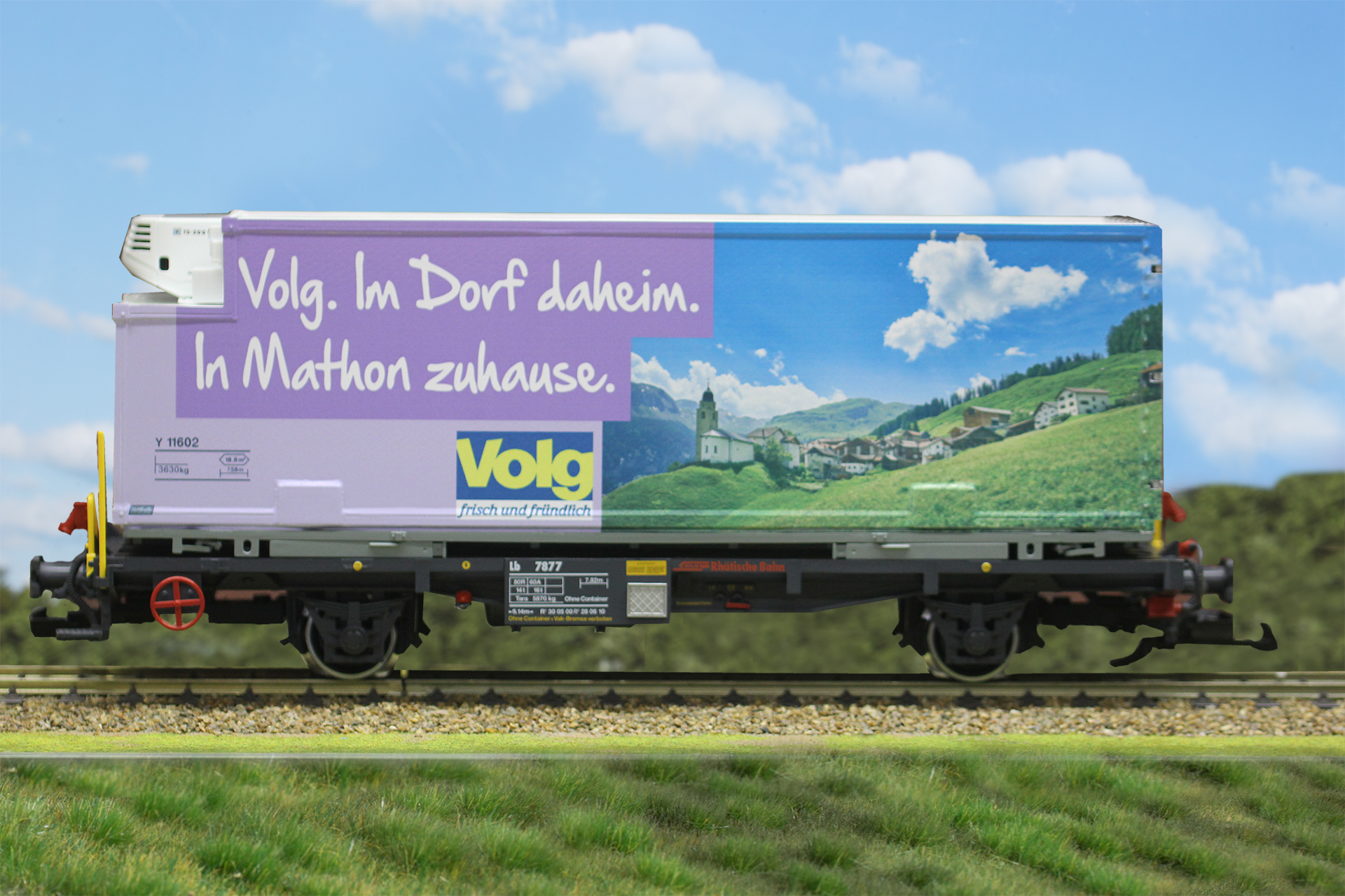 Kiss-Modellbahnservice - Containerwagen umlackiert auf "Volg. Im Dorf dahiem. In Mathon zuhause."