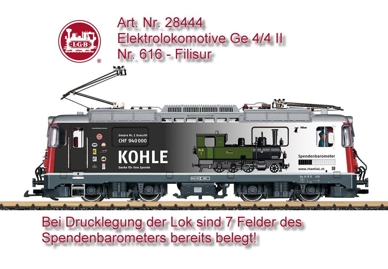 Elektrolokomotive Ge 4/4 II Nr. 616 der Rhtischen Bahn, in einer speziellen Gestaltung mit Spendenaufruf zur Wiederinbetriebnahme der ersten RhB-Lok, der Dampflok "Rhtia". Originalgetreue Farbgebung und Beschriftung der Epoche VI. Alle 4 Radstze von zwei leistungsstarken kugelgelagerten Bhler-Motoren angetrieben. Ausgerstet mit einem mfx/DCC-Decoder mit vielen Licht- und Soundfunktionen. Dachstromabnehmer motorisch angetrieben, digital schaltbar. Lnge ber Puffer 57 cm.