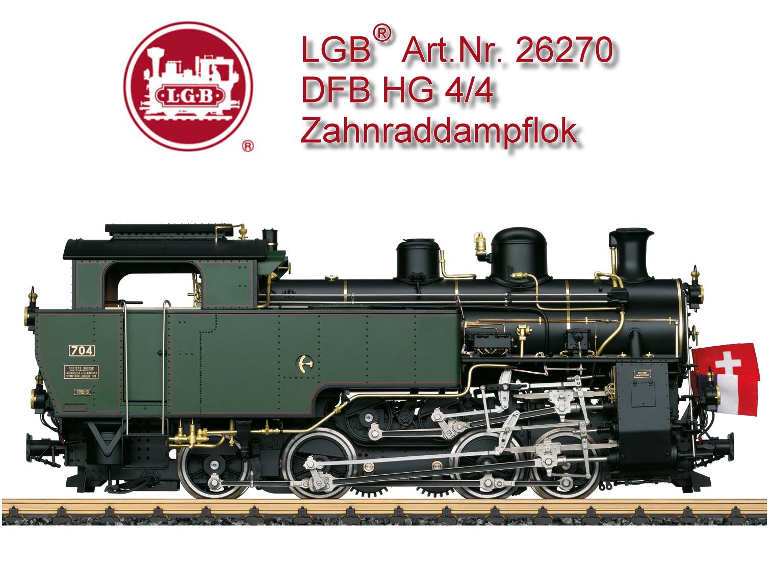 LGB Art. Nr. 26270 - Modell der Zahnraddampflok HG 4/4 Nr. 704 der DFB (Dampfbahn Furka-Bergstrecke). Feindetailliertes Modell in schwerer Metallbauweise mit vielen angesetzten Details. Antrieb mit einem Hochleistungsmotor, alle Treibradstze ber Kuppelstangen angetrieben. Echter Zahnradbetrieb mit den LGB-Zahnstangen 10210 mglich. Tren zum Fhrerstand und Rauchkammertr zum ffnen. Originalgetreue Farbgebung und Beschriftung der Epoche VI, so wie die Lok heute im Einsatz ist. Ausgerstet mit einem mfx/DCC-Decoder mit vielen Licht- und Soundfunktionen wie Spitzenlicht, Fhrerstandsbeleuchtung, Fahrgerusch, durch Reedschalter auslsbare Pfeife und vieles mehr. Fahrgerusch auch im Analogbetrieb funktionsfhig. Eingebauter Rauchgenerator mit radsynchronem Dampfaussto sowie Zylinderdampf, Dampf am Auspuff der Vakuumbremse und Dampfaussto an der Pfeife, wenn diese bettigt wird. Lnge ber Puffer 40 cm