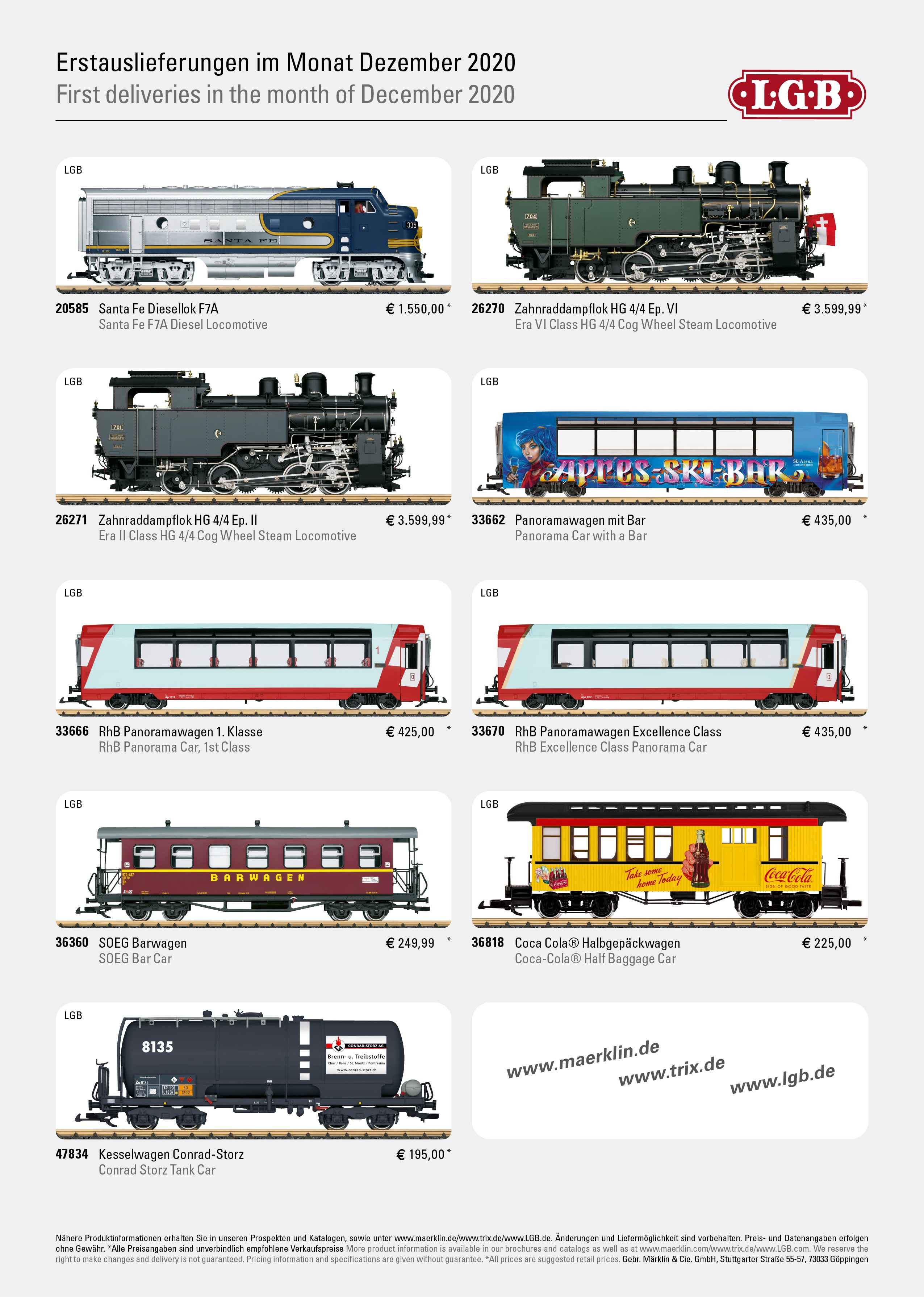 bersicht der neun Produkte die bis Ende Dezember 2020 an den Fachhandel geliefert werden sollen. Vier Artikel, 33666, 33670, 36818 und der Clubwagen 36360 sollten schon Ende November im Handel sein. Bitte beachten, dass hier einige Produkte bereits werkseitig ausverkauft sind. Hier lohnt sich die Nachfrage im Handel !  