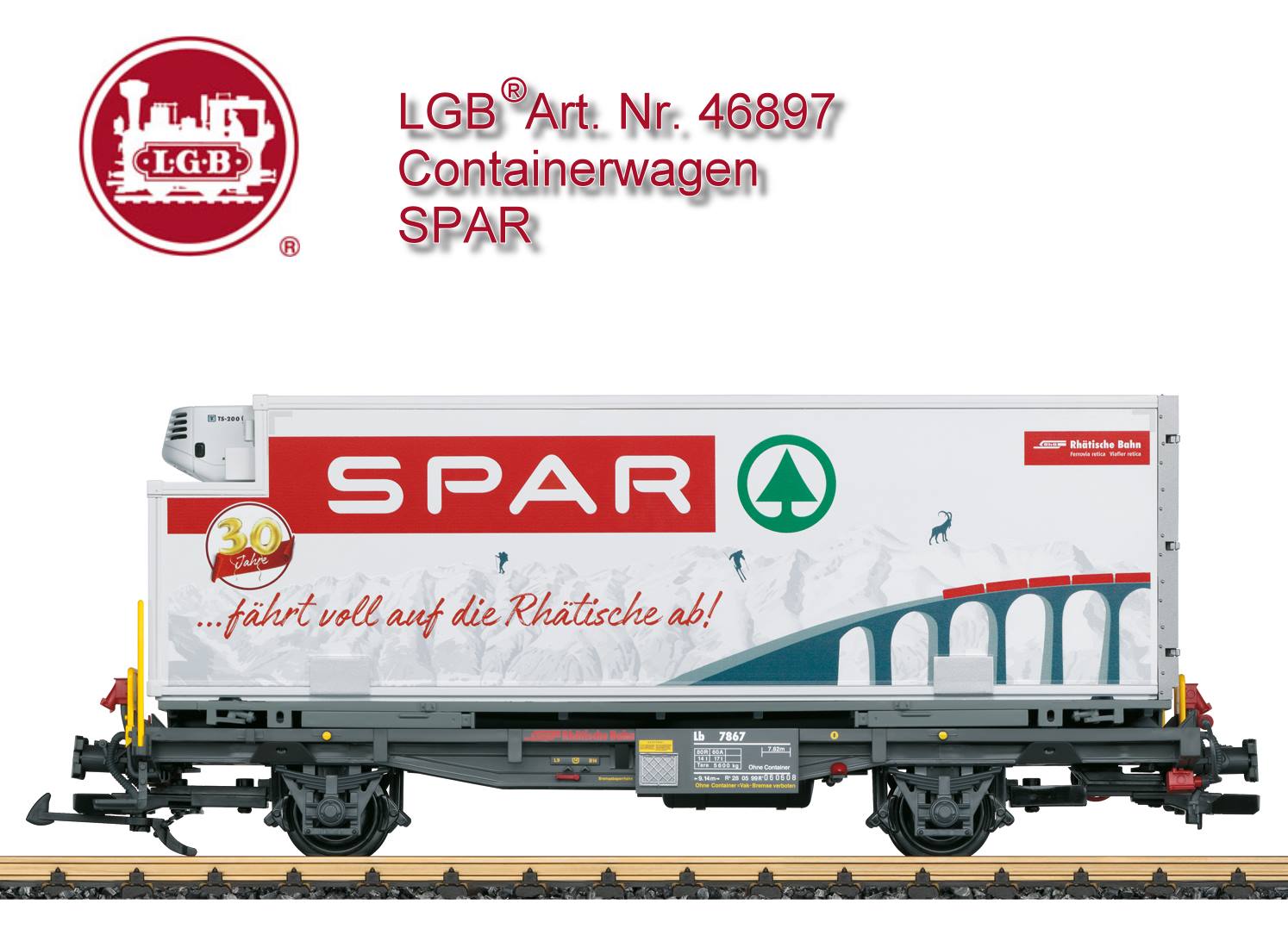 LGB Art. Nr. 46897, RhB Containerwagen Spar Weit ber die Grenzen Graubndens hinaus bekannt sind die werbewirksam gestalteten Container die auf dem Netz der Rhtischen Bahn unterwegs sind. Einer der aktuellsten ist der Container von Spar, der die Verbundenheit des Unternehmens mit der RhB zum Ausdruck bringt. Containertragwagen der RhB, beladen mit einem abnehmbaren Khlcontainer der Handelskette Spar. Originalgetreue Farbgebung und Beschriftung der Epoche VI, Container bedruckt mit dem Motiv Rhtische Bahn. Metall Scheibenradstze. Lnge ber Puffer 41 cm. Containertren sind zum ffnen.