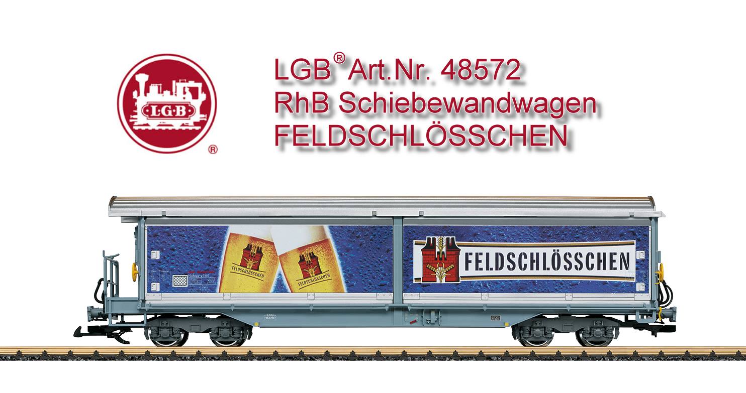 LGB Art. Nr. 48572 Die 4-achsigen Schiebewandwagen sind aus dem Bahnbetrieb der Rhtischen Bahn nicht mehr wegzudenken. Ein groer Vorteil dieser Wagen ist, dass sie einfach und schnell zu beladen sind, in der Regel werden mit dem Gabelstapler ganze Paletten eingeladen. Viele der Wagen sind werbewirksam gestaltet, so auch der Wagen mit der Nummer Haikqq-y 5167, der im Design der Brauerei Feldschlsschen aus Rheinfelden gestaltet ist. Modell eines 4-achsigen   Schiebewandwagen der Rhtischen Bahn (RhB). Originalgetreue Farbgebung und Beschriftung in der Epoche VI mit Werbung fr die Brauerei Feldschlsschen. Die Schiebetren lassen sich vorbildgetreu ffnen und schlieen. Metallscheibenradstze. Lnge ber Puffer 62 cm. UVP:  199, EUR 