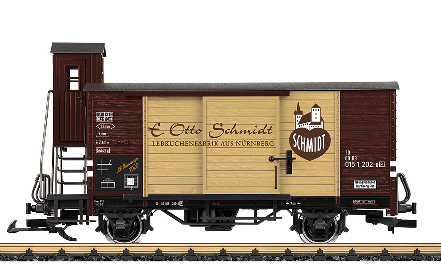 Modell eines 2-achsigen gedeckten Gterwagens in der Ausfhrung als Privatwagen der Fa. Lebkuchen-Schmidt aus Nrnberg. Originalgetreue Farbgebung und Beschriftung der Epoche IV. Seitliche Tren zum ffnen. Metallradstze. Lnge ber Puffer 30 cm.