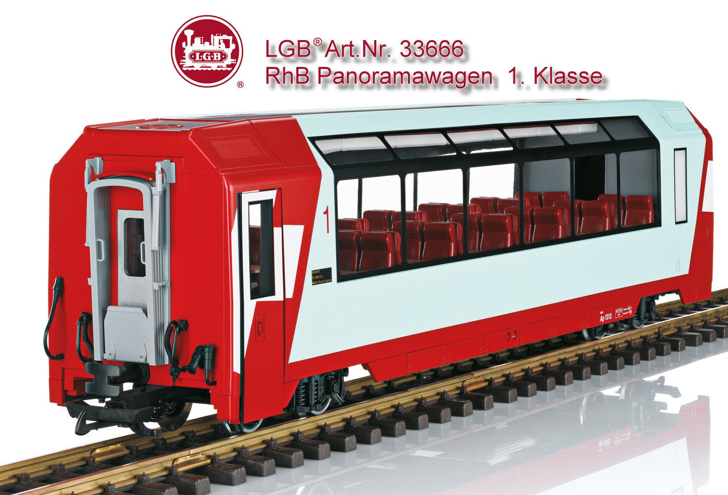 LGB Art. Nr. 33666 . RhB Panoramawagen 1. Klasse Modell eines Panoramawagens 1. Klasse der Rhtischen Bahn wie er im Glacier Express eingesetzt wird. Originalgetreue Farbgebung und Beschriftung der Epoche VI. Komplett und Erstklassig:  Die neuen Panoramawagen verfgen ber eine komplette Inneneinrichtung und eingebaute Innenbeleuchtung mit Kugellagerradstzen. Wiederauflage mit genderter Betriebsnummer. Tren zum ffnen. Lnge ber Puffer 68 cm..Schon bald wurden als erstes Wagen der 1. Klasse beschafft, die den Fahrgsten deutlich mehr Komfort bieten als die bisher verwendeten Wagen. Durch die grozgige Verglasung ist die Aussicht auf die grandiose Bergwelt der Schweiz gewhrleistet.