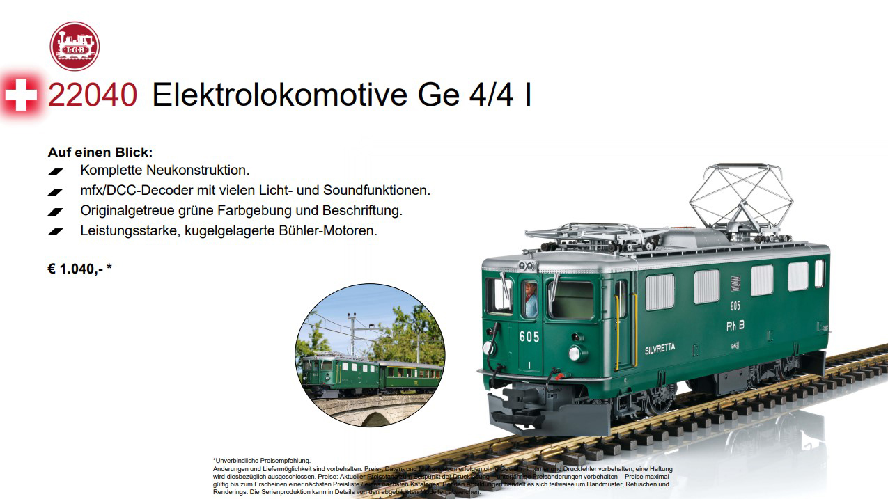 LGB Artikel Nummer 22040 - Neuheit 2021 - Ge 4/4 I in grnDem Modell der Extraklasse htte ein neuer Lokfhrer spendiert werden knnen.