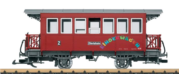 Art. Nr. 33211 Zillertalbahn  B 20 Modell des Personenwagens B 20 mit Spielabteil fr Kinder der Zillertalbahn in Tirol. Originalgetreue Farbgebung und Beschriftung in der Ausfhrung der Epoche VI, so wie der Wagen heute noch im Dampfzug im Einsatz ist. Komplette Inneneinrichtung, Tren in den Stirnwnden und Bhnentren zum ffnen. Metallradstze. Lnge ber Puffer 36 cm