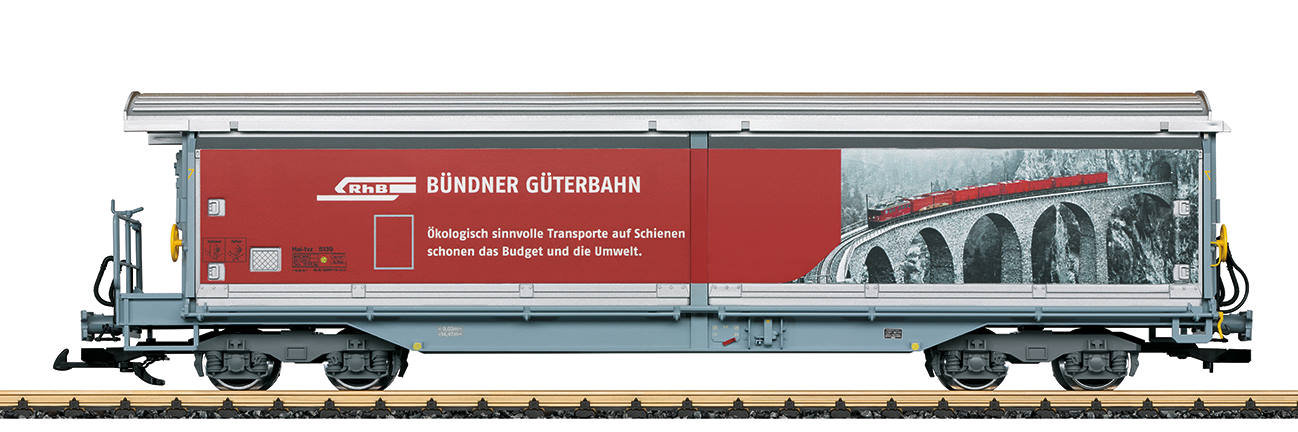 Art. Nr. 48573  RhB -Schiebewandwagen Hai-tvz mit Werbung "Bndner Gterbahn".