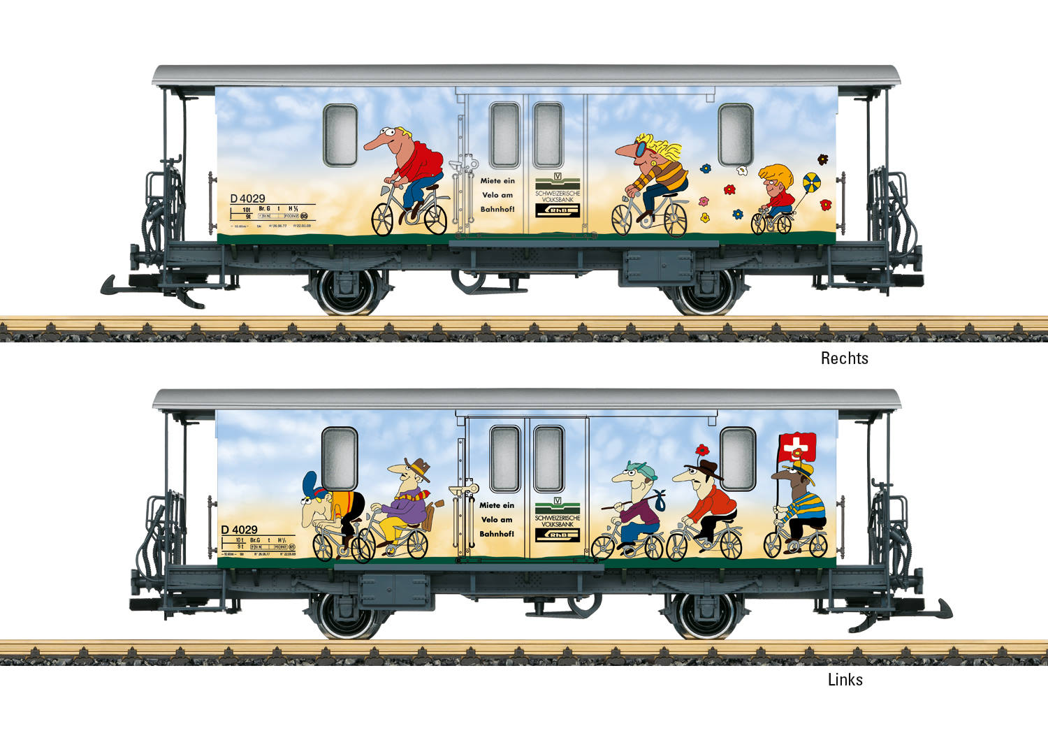 34555 RhB Fahrradwagen, Modell eines 2-achsigen Gepckwagens D2 der RhB in der Ausfhrung als Fahrradwagen. Vorbildgetreue Lackierung und Beschriftung der Epoche V. Tren an den Stirnwnden und Schiebetren an den Seiten zum ffnen. Metallradstze. Lnge ber Puffer 45 cm. Wiederauflage des Fahrradwagens D 4029 mit der gleichen LGB Artikelnummer 34555 aus 2017. Die unverbindliche Preisempfehlung 2017 war 219,99 EUR.