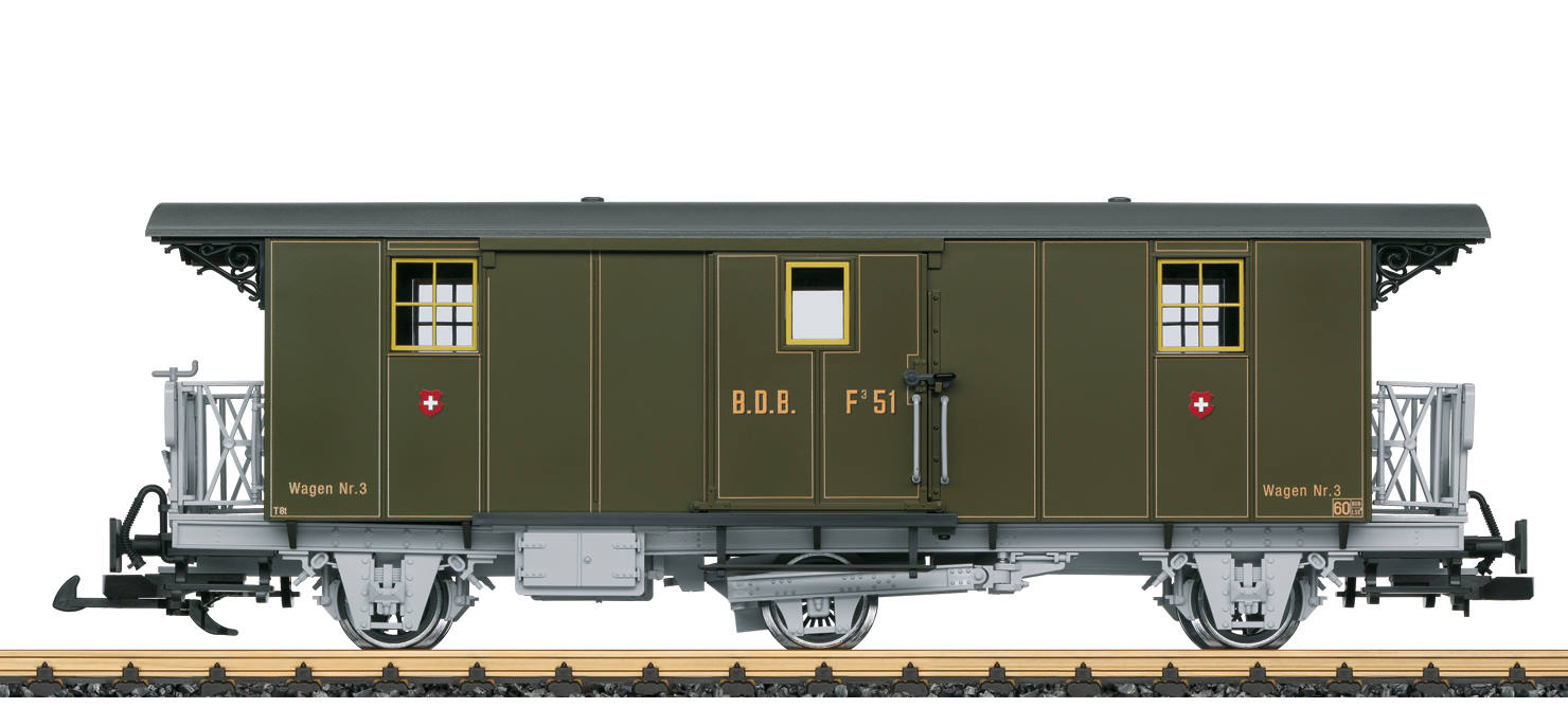 41331 BDB Gepckwagen F 51 Modell eines Gepckwagens der Brnig Dampfbahn BDB. Originalgetreue Farbgebung und Beschriftung der Epoche VI. Komplett nachgebildete Inneneinrichtung. Tren an den Stirnseiten und seitliche Schiebetren zum ffnen. Metall-Speichenradstze. Lnge ber Puffer 45 cm