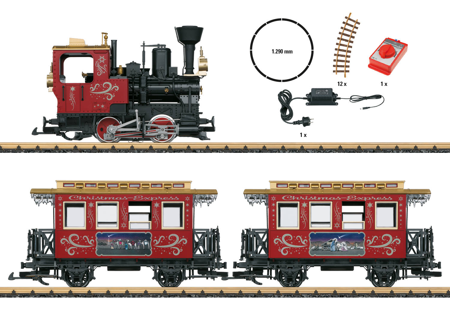 70308 Startset Weihnachtszug, Dieses Startset enthlt einen Oldtimerzug bestehend aus einer Tenderlok (Stainz) und 2 Personenwagen in weihnachtlicher Gestaltung. Die Lok ist mit einem leistungsstarken kugelgelagerten Bhler-Motor sowie Spitzenlicht und einem Raucheinsatz ausgerstet. Das Set enthlt zustzlich einen kompletten Gleiskreis, Stromversorgung und Fahrregler. Zuglnge 85 cm. Mit den bisher erschienenen Weihnachtswagen kann dieser Zug wunderbar ergnzt werden. 